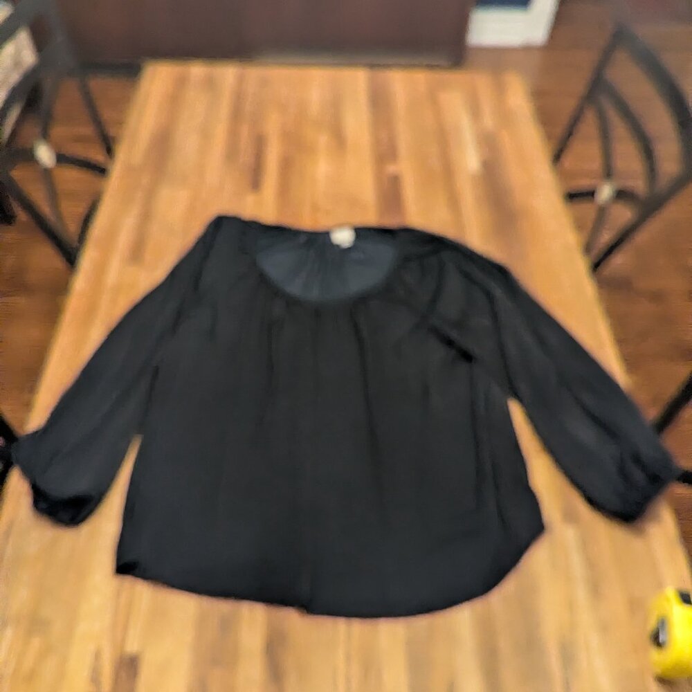 A New Day Women's XXL Black Silky Pleated Long Elastic Sleeves Scoop Neck